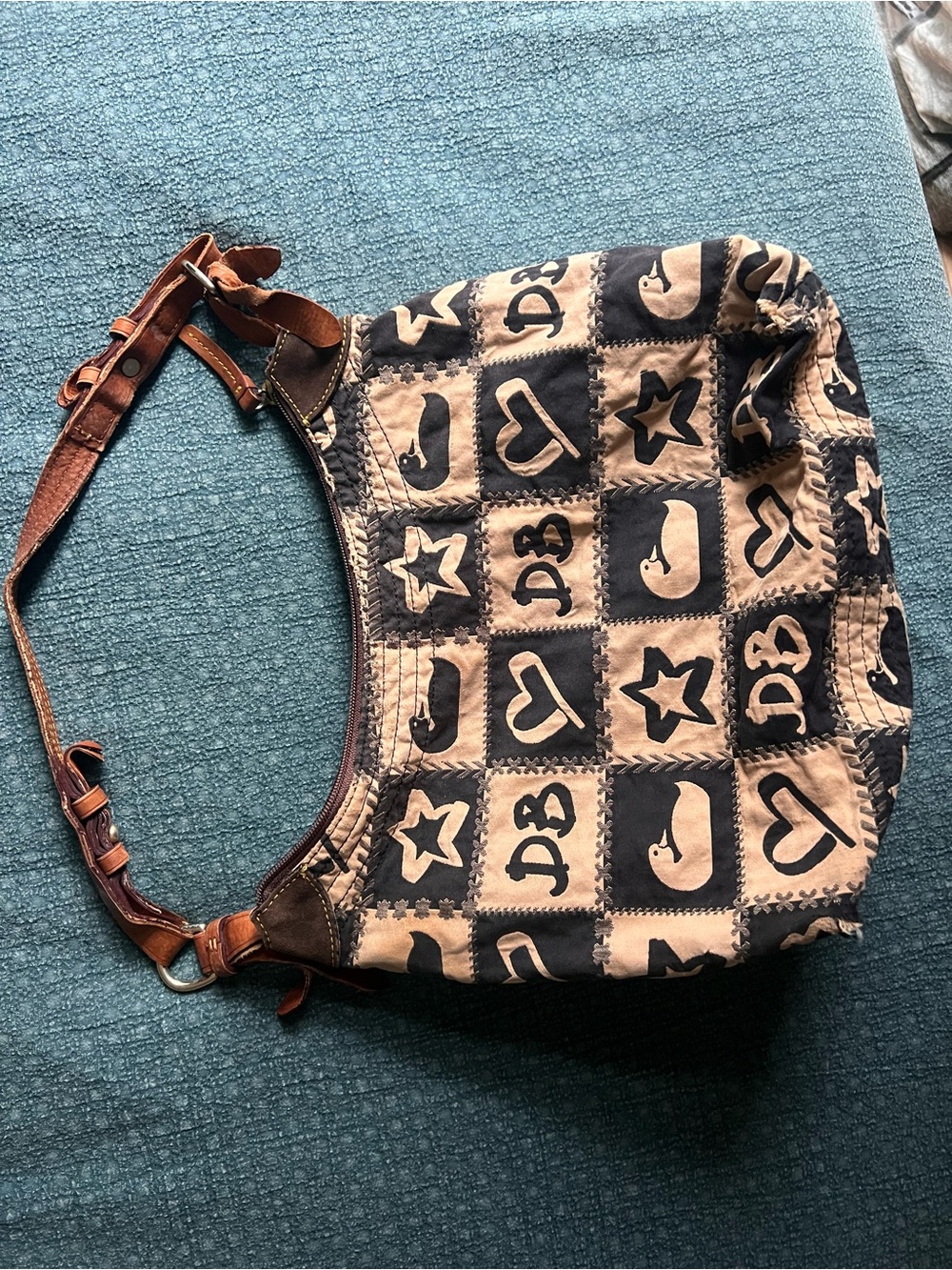 Dooney & Bourke Brown and Tan Patchwork Canvas Shoulder Bag